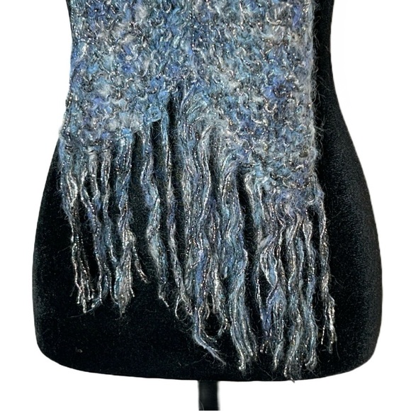 NEW Boutique Hand-Knitted Super Soft & Cozy Blue & Gray Scarf w/ Tasseled Fringe - Picture 6 of 8